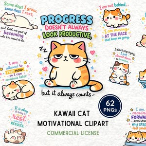 Può includere: Clipart motivazionale di gatti kawaii con varie illustrazioni di simpatici gatti con citazioni motivazionali. L'immagine include una grande illustrazione di gatto con il testo "Progress doesn't always look productive, but it always counts."