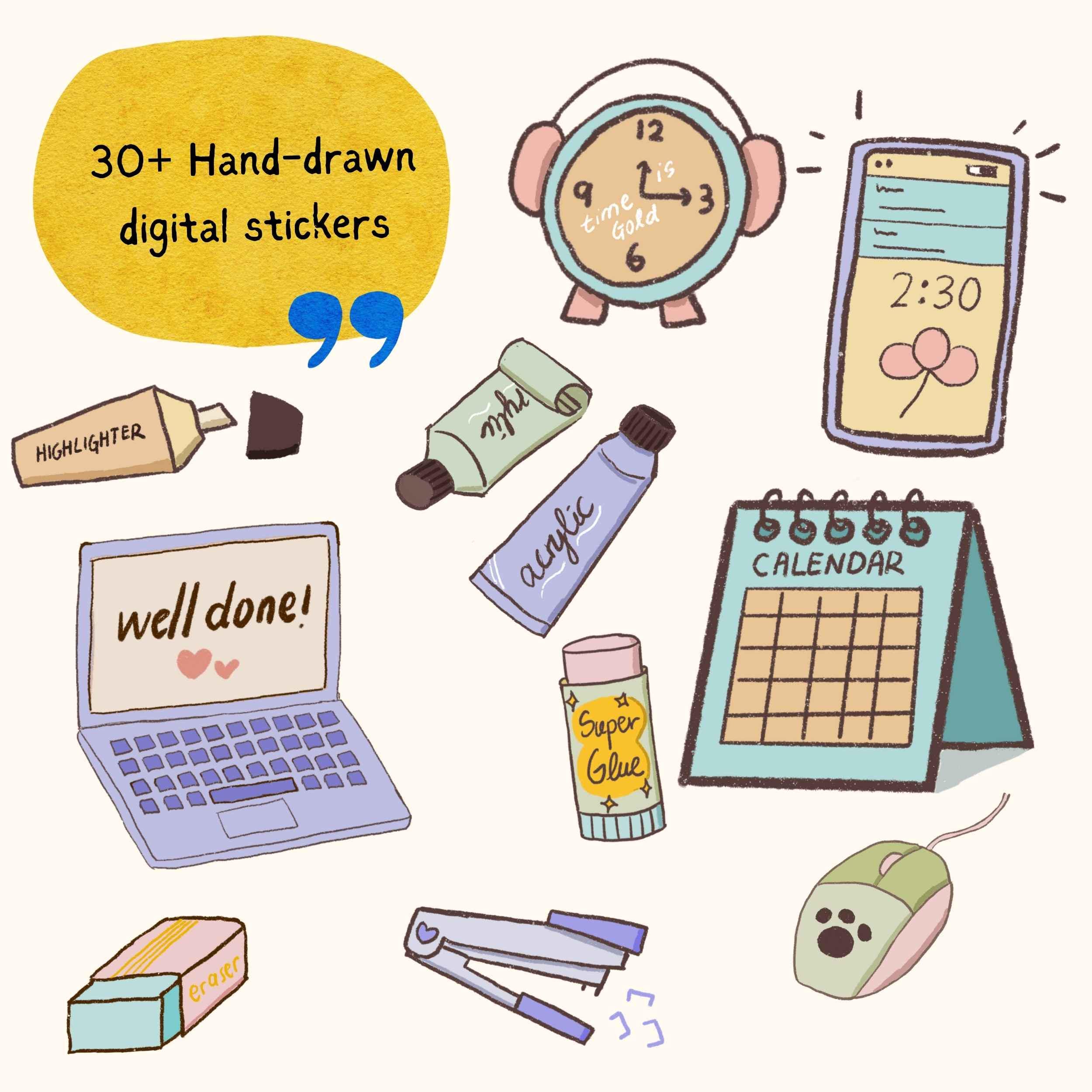 Study Digital Stickers for Goodnotes, Onenote, Notability | Hand Drawn ...