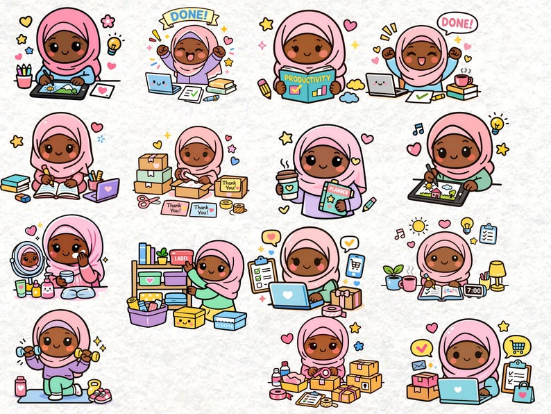 Kawaii Hijabi Productivity Clipart PNG | Dark Skin Version | Muslim ...