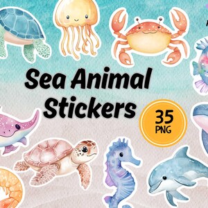 Adesivi digitali di animali marini per Goodnotes e planner – 35 file PNG / Creature dell'oceano / 300 DPI / Uso commerciale e personale
