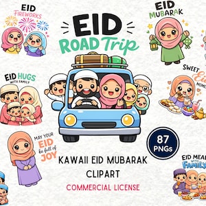 Può includere: Una collezione di immagini clipart Kawaii Eid Mubarak. L'immagine centrale mostra una famiglia in un'auto blu con bagagli sul tetto, con il testo "EID ROAD TRIP". Altre immagini includono personaggi dei cartoni animati con testo come "Eid Mubarak" e "Eid Hugs with Family".