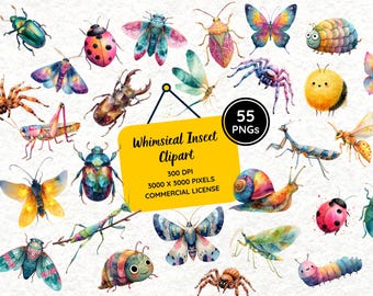 Whimsical Insect Clipart Set | Jumping Spider, Butterfly, Bee, Praying Mantis, Quirky Bug PNG | Cute Insect Clipart Bundle
