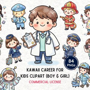 Könnte beinhalten: Eine Sammlung von Kawaii-Clipart-Illustrationen, die Kinder in verschiedenen Berufen zeigen, darunter ein Arzt, ein Feuerwehrmann und ein Astronaut. Der Text "KAWAII CAREER FOR KIDS CLIPART (BOY & GIRL) COMMERCIAL LICENSE" ist enthalten.