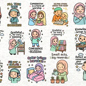 May include: A collection of colorful cartoon illustrations with Islamic themes. Each image features a character and text, including phrases like "Sabr and chai," "Compassion is a form of worship," and "Knowledge brings light."