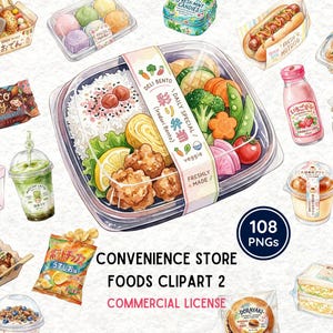 Op de afbeelding: Waterverfillustratie van diverse supermarktvoedingsmiddelen, waaronder een bento-box, een hotdog, matcha latte en snacks. De afbeelding bevat de tekst "CONVENIENCE STORE FOODS CLIPART 2" en "108 PNGS".