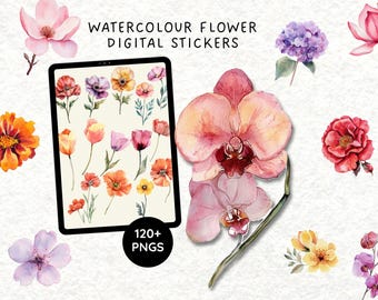 Flower Digital Stickers for GoodNotes, OneNote, Notability | Watercolor Floral PNG Sticker Pack | Digital Planner Stickers 300 DPI
