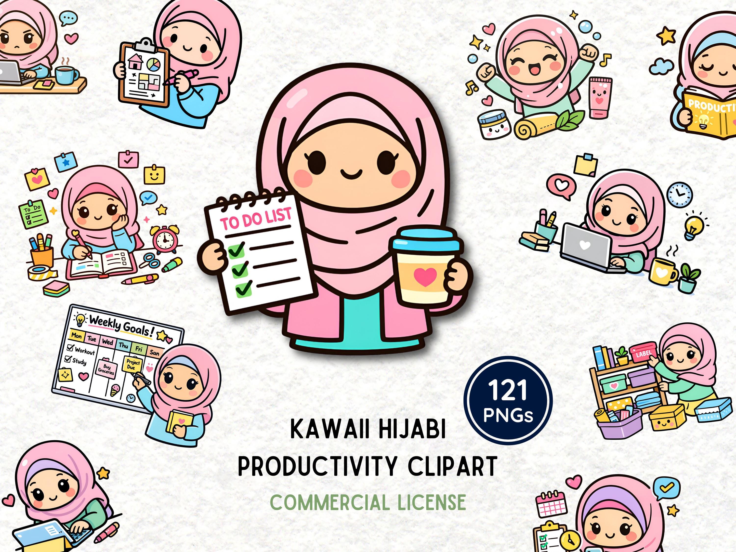 Kawaii Hijabi Productivity Clipart | Cute Muslim Girl Planner Stickers ...
