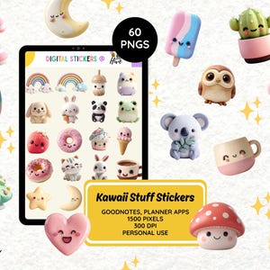 May include: A collection of 60 Kawaii-style digital stickers, including a variety of cute characters and objects. The stickers feature a range of colors and designs, such as a smiling moon, a koala, and a mushroom. The stickers are designed for use in GoodNotes and planner apps.