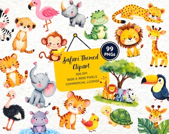 Safari Clipart Set | Cute Safari Animal PNG Bundle | Jungle Animal Clip Art | Safari Theme Graphics | 300 DPI Transparent PNG