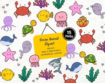 Ocean Animal Clipart Bundle, Hand Drawn Sea Creatures PNG, 3000x3000px 300 DPI, Commercial Use Digital Download, Ocean Life Clipart