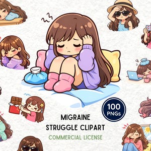 May include: A set of cartoon illustrations showing characters experiencing migraine symptoms. The images include characters with headaches, sensitivity to light, and other discomforts. The text reads "Migraine Struggle Clipart".