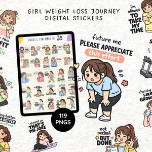 May include: Digital stickers for a girl's weight loss journey. The image shows a tablet displaying various stickers with motivational phrases and illustrations of a woman exercising, eating healthy, and tracking progress. The stickers are in PNG format.