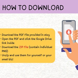 May include: An illustration with the text "HOW TO DOWNLOAD" at the top. A hand touches a smartphone screen with a document icon and a download arrow. Instructions are listed in a yellow box.