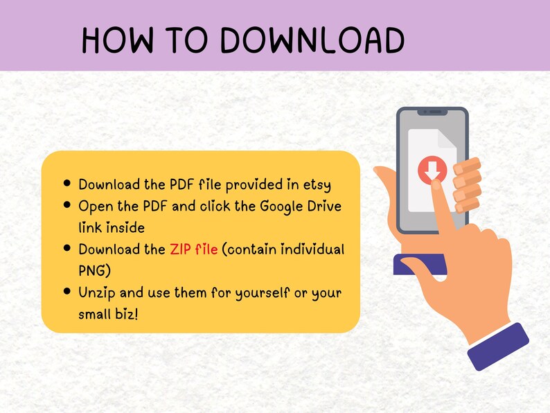 May include: An illustration with the text "HOW TO DOWNLOAD" at the top. A hand touches a smartphone screen with a document icon and a download arrow. Instructions are listed in a yellow box.