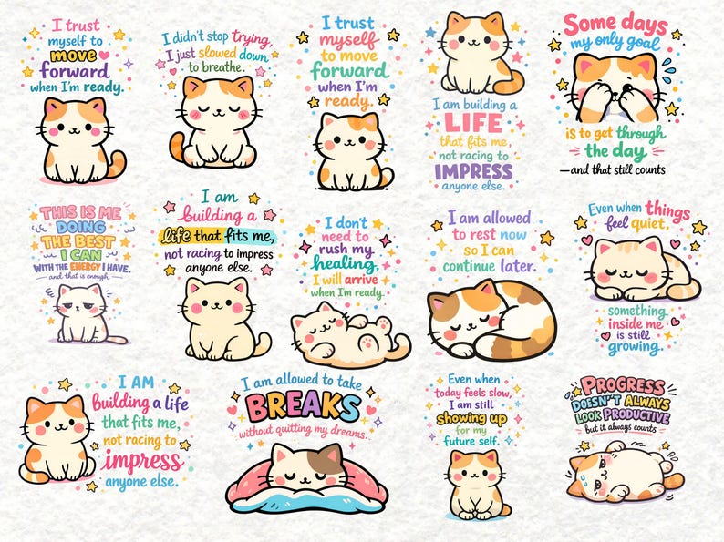 Kawaii Cat Motivational Clipart PNG | Cute Self Care Cat Quotes ...