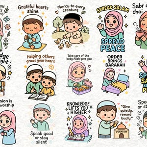 May include: A collection of colorful cartoon illustrations with Islamic themes. Each image features a character with text such as "Spread Peace", "Knowledge brings light", and "Speak good or stay silent". The illustrations are in a cute, friendly style.