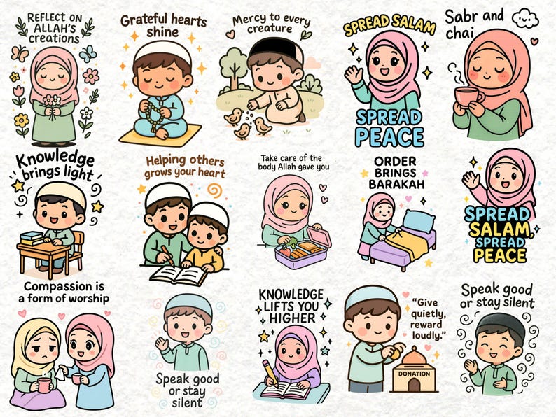 May include: A collection of colorful cartoon illustrations with Islamic themes. Each image features a character with text such as "Spread Peace", "Knowledge brings light", and "Speak good or stay silent". The illustrations are in a cute, friendly style.