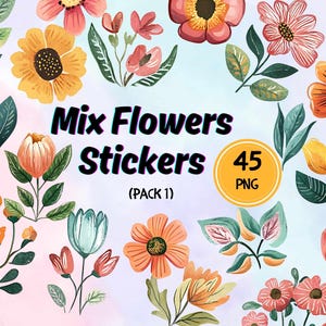 Pack d'autocollants numériques fleurs pour notes et agendas – 45 fichiers PNG | Beaux stickers floraux | 300 ppp | Utilisation commerciale et personnelle