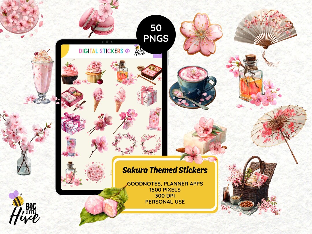 Sakura Themed Stickers | 50 Pngs & Goodnotes Precropped | Digital ...
