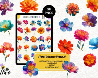 Floral Digital Stickers for GoodNotes, OneNote, Notability | Botanical Flower PNG Sticker Pack | Digital Planner Stickers 300 DPI