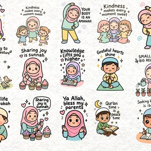 May include: A collection of colorful cartoon illustrations with Islamic themes. Each image features a different character and a short phrase, such as "Ya Allah, bless my parents" and "Sharing joy is sunnah."