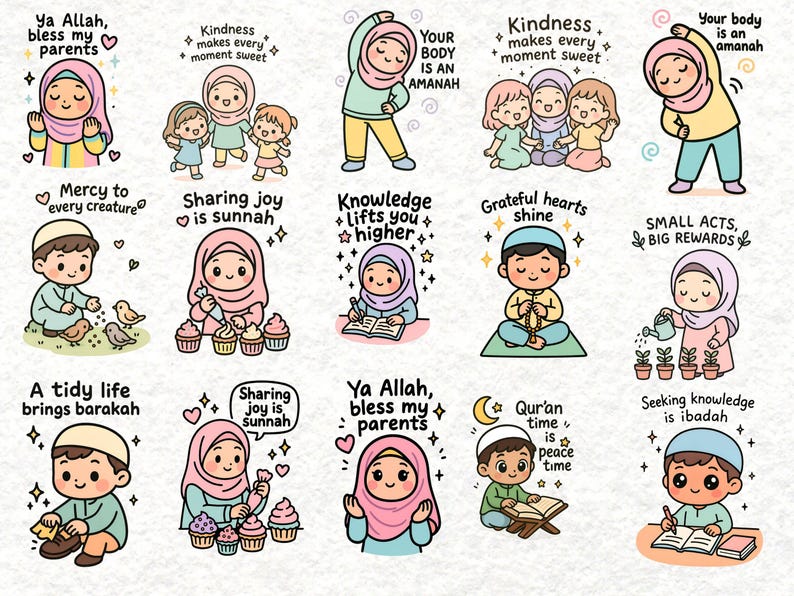 May include: A collection of colorful cartoon illustrations with Islamic themes. Each image features a different character and a short phrase, such as "Ya Allah, bless my parents" and "Sharing joy is sunnah."