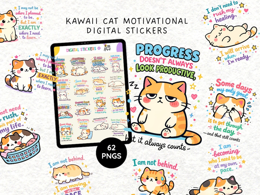 Kawaii Cat Motivational Digital Stickers | Cute Self Care Cat Stickers ...