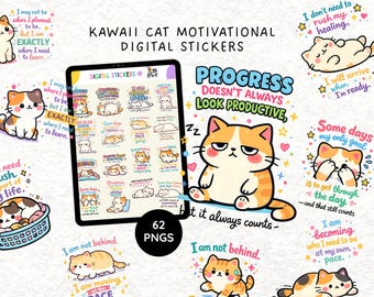 Kawaii Cat Motivational Digital Stickers | Cute Self Care Cat Stickers PNG | Mental Health Affirmation Stickers for GoodNotes