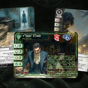Könnte beinhalten: Drei Sammelkarten. Die zentrale Karte zeigt einen Mann im Anzug mit dem Text "Skids O'Toole". Die anderen Karten zeigen eine Frau in einem blauen Kleid und einen Mann in einem Flugzeug. Die Karten haben ein grünes, braunes und blaues Farbschema.