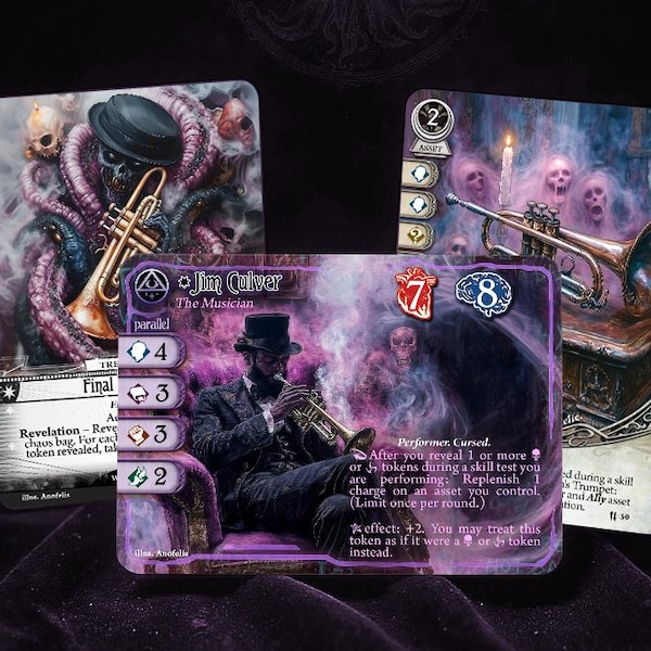 Jim Culver - Descansa en paz - Cartas proxy de Gilded Edges + Cartas firmadas - Compatible con Arkham Horror LCG - Hecho por fans - Arte completo