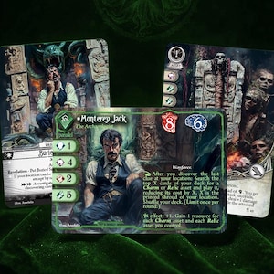 May include: Three fantasy-themed trading cards featuring illustrations of characters in a dark, mysterious setting. The central card displays a man named "Monterey Jack" with game statistics. The cards have a green and brown color scheme with text.