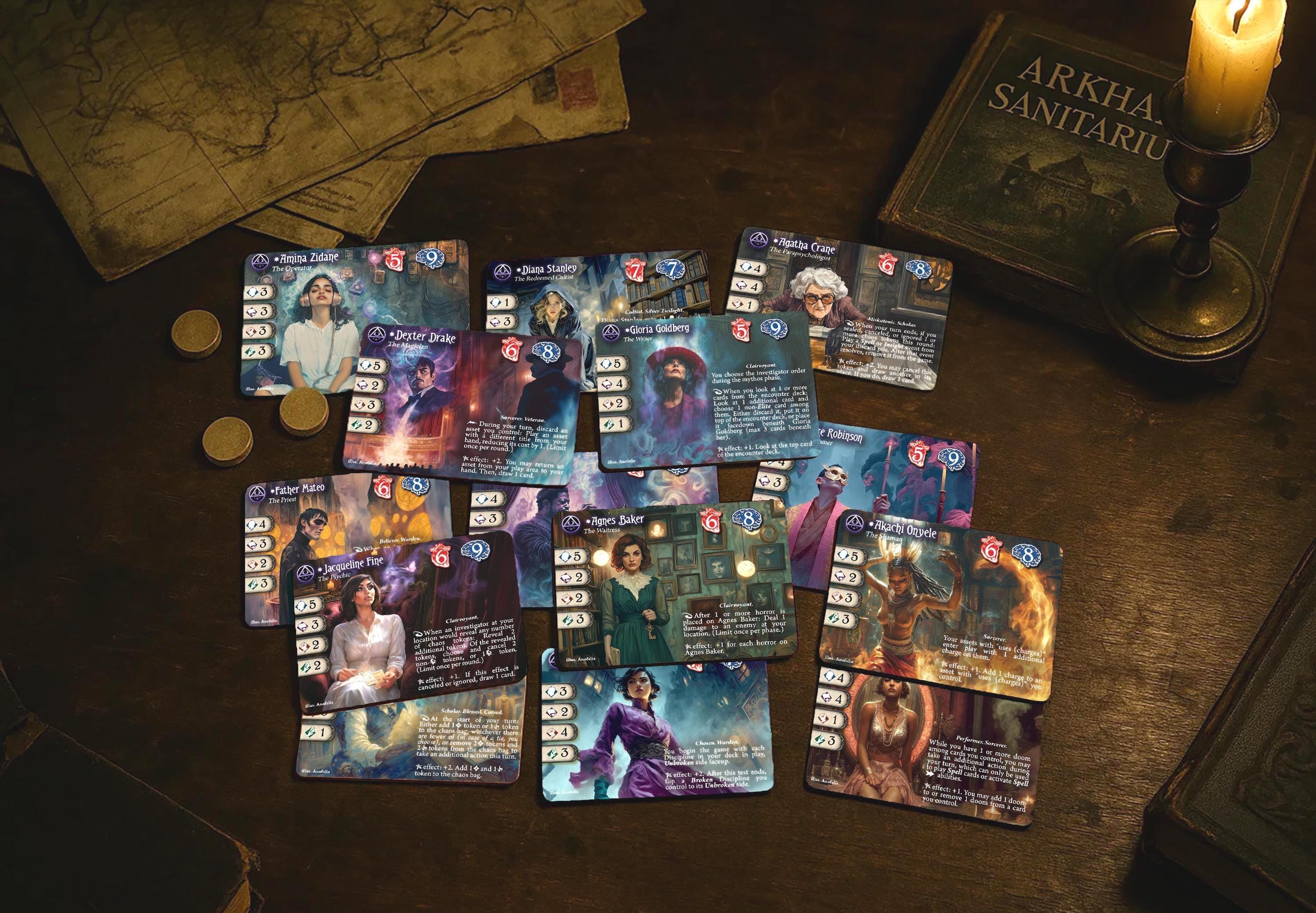 Mystic Full Serie (14x Karten Glitter Edge) - Kompatibel mit Arkham Horror LKG - Custom - Full-Art - Promo Style Ermittler Karte