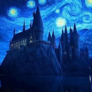May include: A dark blue and black castle with tall towers sits on a rocky cliff overlooking a dark blue lake. The sky is a swirling blue with white and yellow stars, reminiscent of Vincent van Gogh's Starry Night.