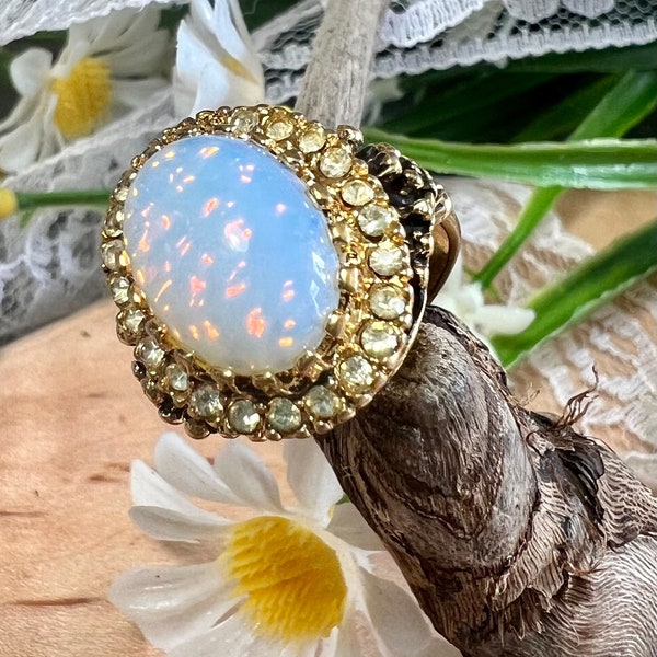 Vintage 18K Gold Plated Faux Opal and Rhinestone Joseph Esposito Ring, Size 7