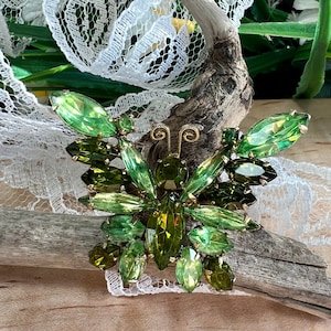 Vintage Gold Tone and Green Rhinestone Butterfly Brooch/Pin