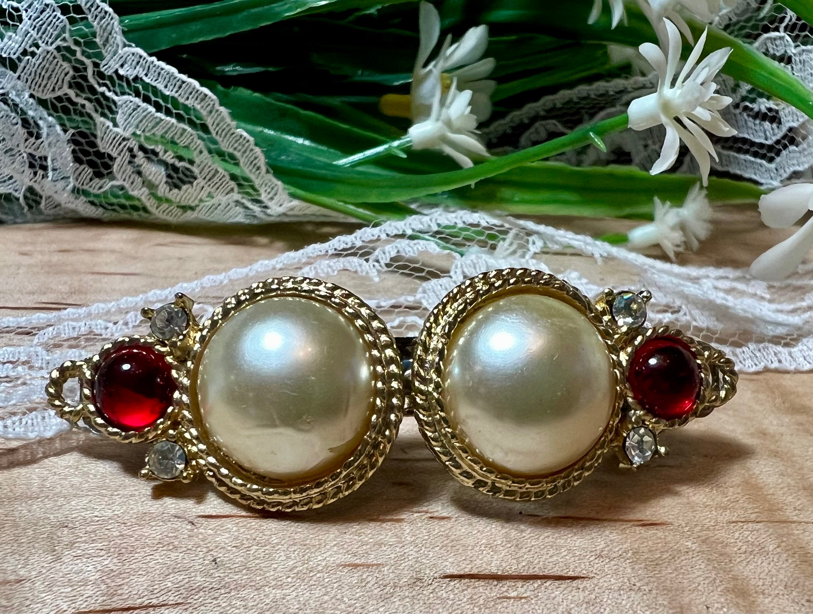 Vintage Rhinestone & Faux Pearl Hair Clip Barrette Vocoste Rhinestone Hair Clips Flower Hair Barrettes French  main image 2