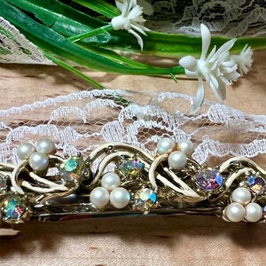 Recycled Hair Barrette Made with Vintage Jewelry Faux Pearl and Rhinestone