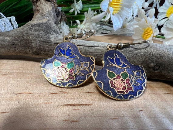 Vintage Cloisonné Butterfly and Rose Dangling Ear… - image 1
