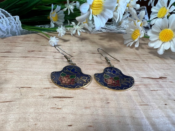 Vintage Cloisonné Butterfly and Rose Dangling Ear… - image 4