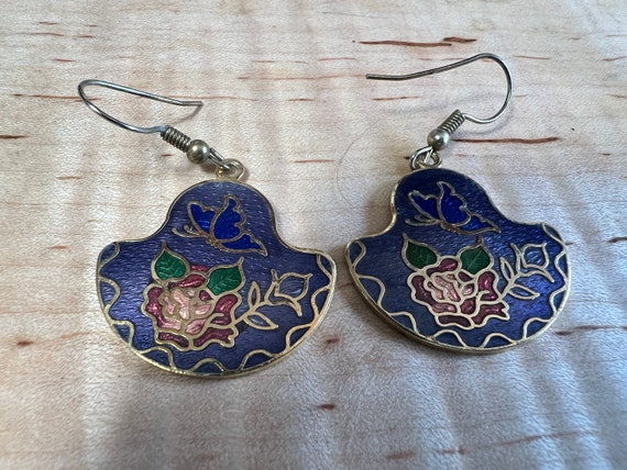 Vintage Cloisonné Butterfly and Rose Dangling Ear… - image 5
