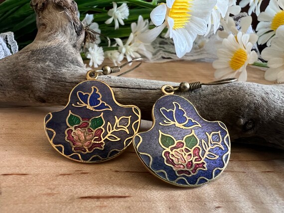 Vintage Cloisonné Butterfly and Rose Dangling Ear… - image 2