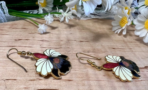 Vintage Cloisonné Orchid Flower Dangling Earrings - image 4