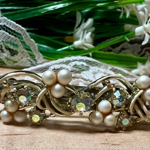 Recycled Hair Barrette Made with Vintage Jewelry Faux Pearl and Rhinestone