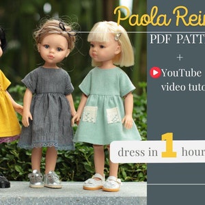 Puede incluir: Tres muñecas Paola Reina con vestidos hechos a mano. Las muñecas visten vestidos amarillos, grises y verde menta. La imagen incluye el texto "Paola Reina PDF PATTERN + YouTube video tutorial" y "dress in 1 hour".