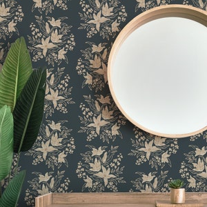 Lily Neutral Floral Wallpaper in Dark Blue, Botanical Cottage-Core Wallpaper, Removable Peel and Stick Renter Friendly Wallpaper