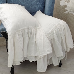 Ruffled Pillow Case White Pillow Shams Ruffle Linen Pillow Case on One side Handmade Softened Pillow Case Linen Bedding Shabby Chic Bedding