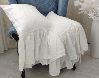 Ruffled Pillow Case White Pillow Shams Ruffle Linen Pillow Case on One side Handmade Softened Pillow Case Linen Bedding Shabby Chic Bedding