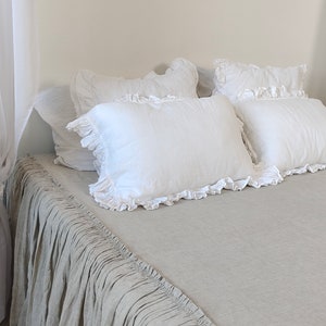 Luxury linen shabby chic pillow case Linen Pillowcases with small 3" ruffles and buttons Standard sham King size pillow shams linen bedding