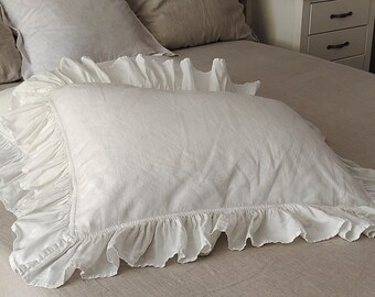 Funda de almohada de lino de lujo estilo shabby chic. Fundas de almohada de lino con pequeños volantes de 7,6 cm y botones. Funda estándar. Fundas de almohada tamaño king. Ropa de cama de lino.