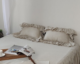 Funda de almohada con volantes Funda de almohada de lino Decoración rústica Ropa de cama rústica Ropa de cama shabby chic Funda de almohada de lino Ropa de cama con volantes 5"